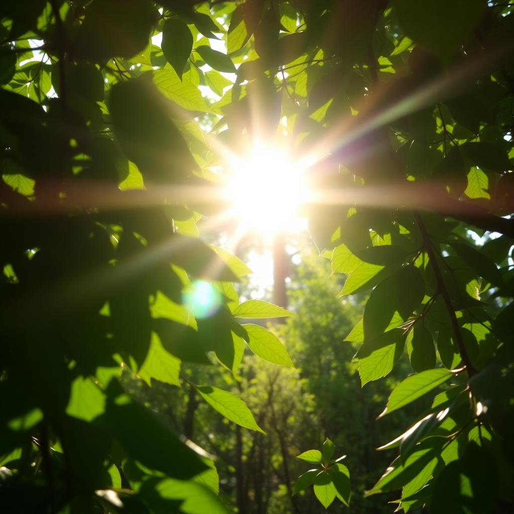 gentle sunlight through leaves, peaceful nature scene with soft light rays, calming atmosphere