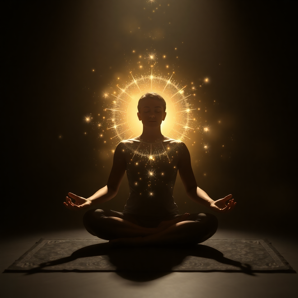 person meditating with energy field