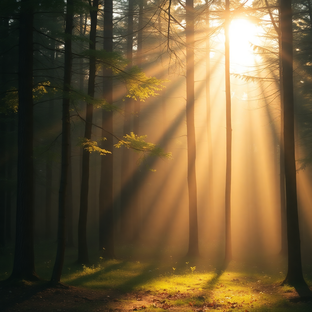 ethereal gentle light rays through forest with soft golden glow, peaceful healing atmosphere, minimalist