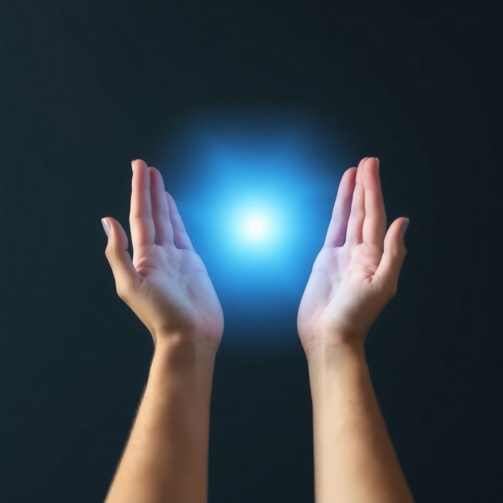 hands hovering over body with soft blue energy field between them, healing energy visualization, serene atmosphere, minimalist
