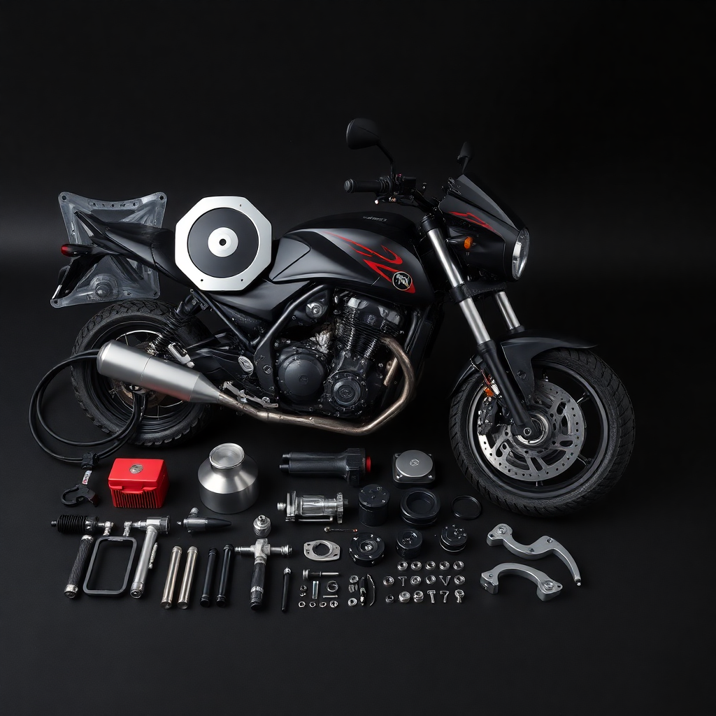 premium motorcycle parts and components arranged professionally on dark background