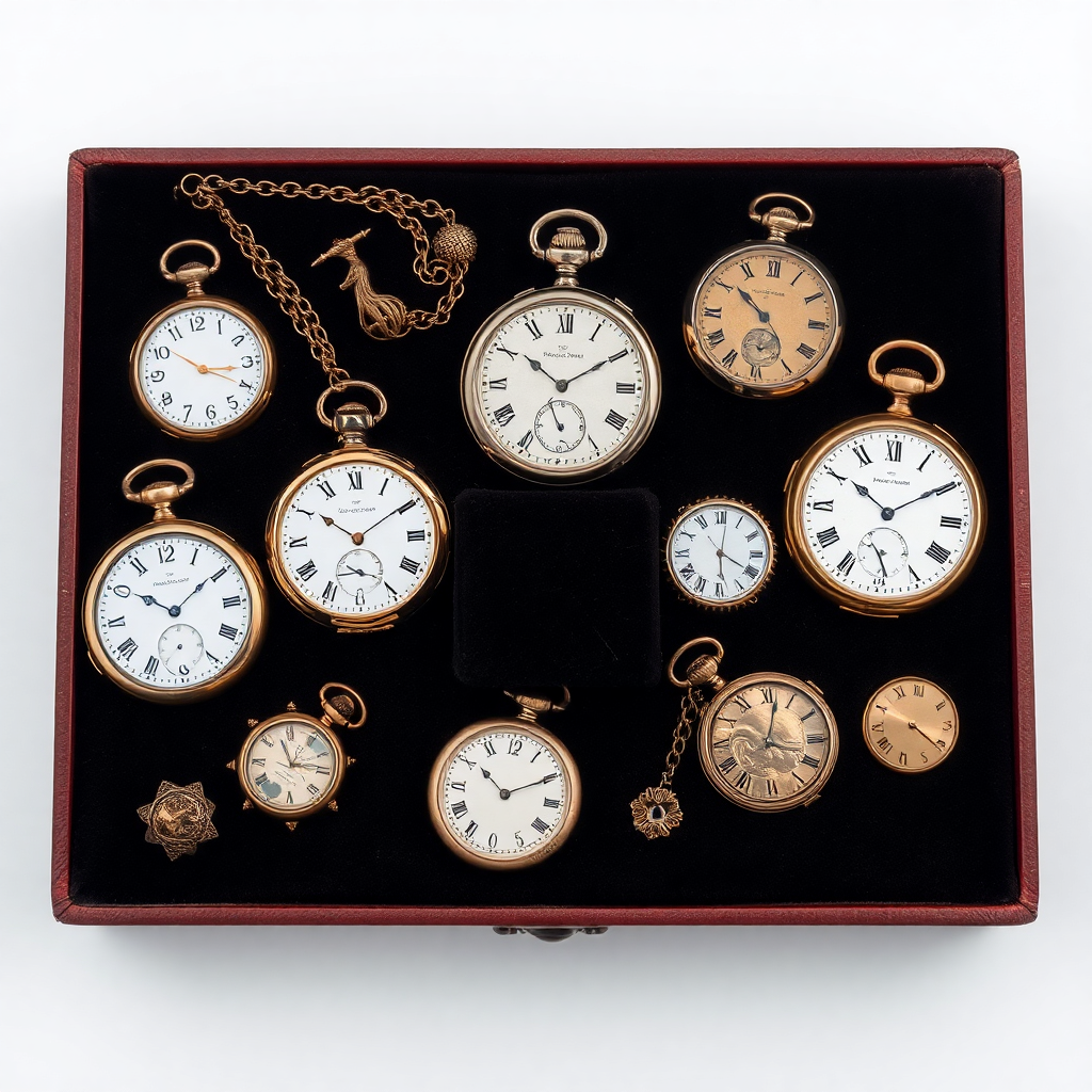 vintage luxury pocket watches and antique items displayed on dark velvet